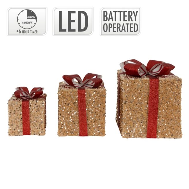 Conjunto de 3 Presentes de Natal Da Deco com Leds Castanho Claro/Vermelho com Laços e Temporizador