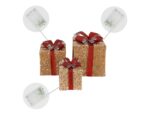 Conjunto de 3 Presentes de Natal Da Deco com Leds Castanho Claro/Vermelho com Laços e Temporizador