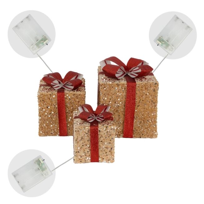 Conjunto de 3 Presentes de Natal Da Deco com Leds Castanho Claro/Vermelho com Laços e Temporizador
