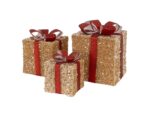 Conjunto de 3 Presentes de Natal Da Deco com Leds Castanho Claro/Vermelho com Laços e Temporizador