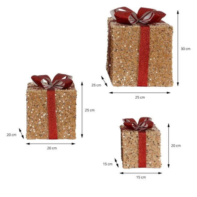 Conjunto de 3 Presentes de Natal Da Deco com Leds Castanho Claro/Vermelho com Laços e Temporizador