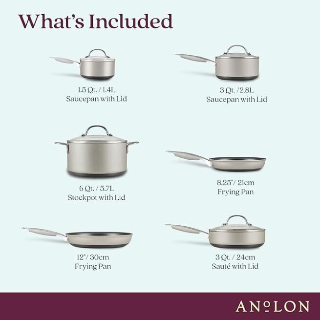 Anolon Achieve Conjunto de panelas e frigideiras antiaderentes anodizadas rígidas, 10 peças - prata