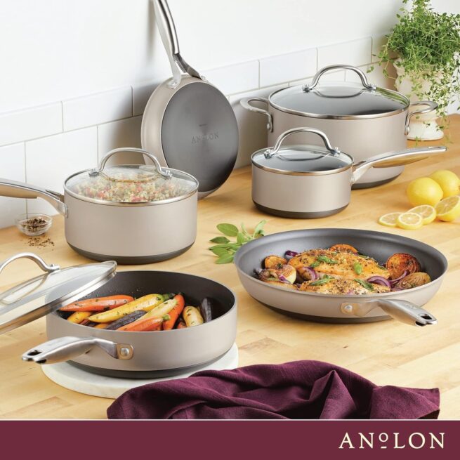 Anolon Achieve Conjunto de panelas e frigideiras antiaderentes anodizadas rígidas, 10 peças - prata