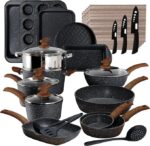 Conjunto de panelas e assadeiras de indução de cozinha com 30 peças de panelas e frigideiras antiaderentes de granito preto
